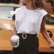  Short Sleeved T shirt for Women Autumn Basic round Neck Pullover Casual Sleeveless Padded Shoulder Top